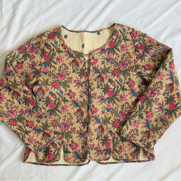 Vintage Reversible Quilted Floral Jacket Cream Cotton Cottagecore Boho Handmade - Picture 11 of 13